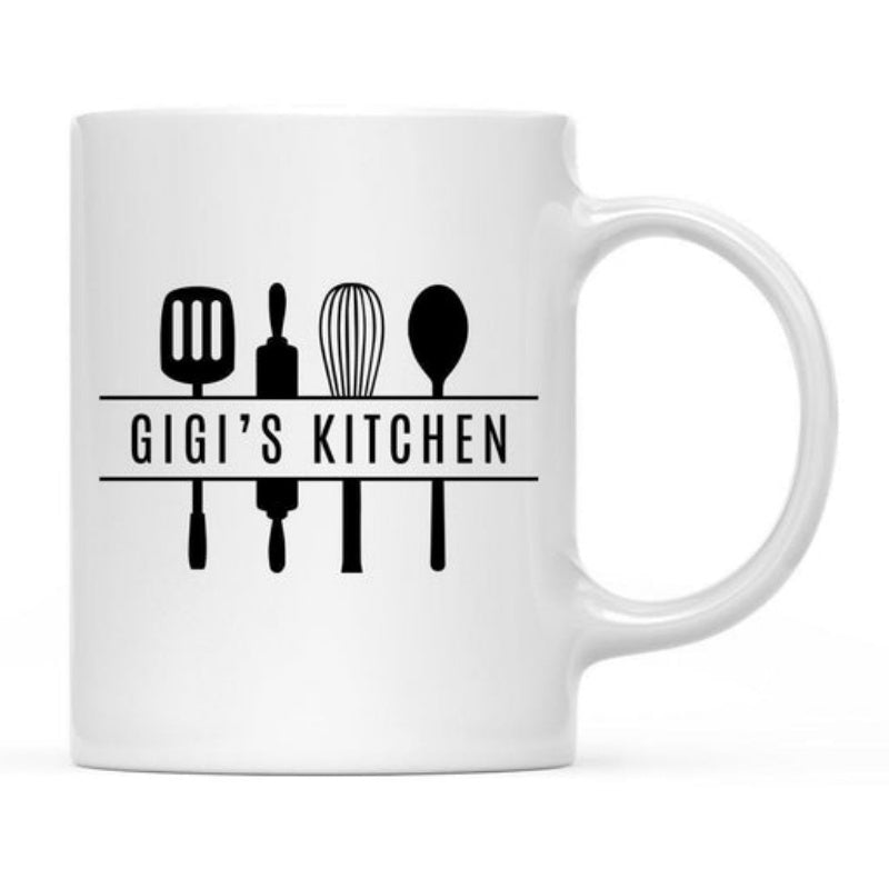 Tailorly White Ceramic 11 oz Mug - Gigi's Kitchen Minimalist Black Silhouettes Of Common Cooking Tools Arranged In A Row Utensil