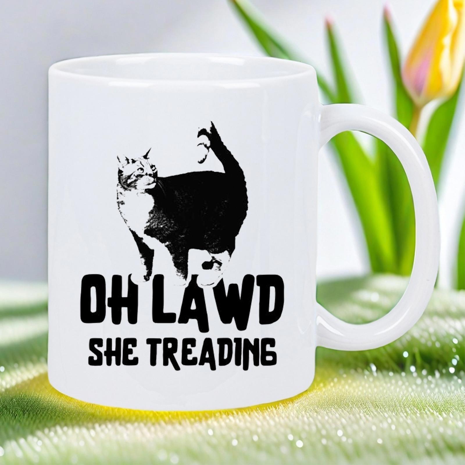 Tailorly White Ceramic 11 oz Mug - Oh Lawd She Treading Bold Black And White Chubby Feline Walking Confidently Among Green Grass Cat