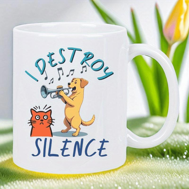 Tailorly White Ceramic 11 oz Mug - I Destroy Silence Playful Golden Retriever Blowing Trumpet Next To Grumpy Orange Cat Dog