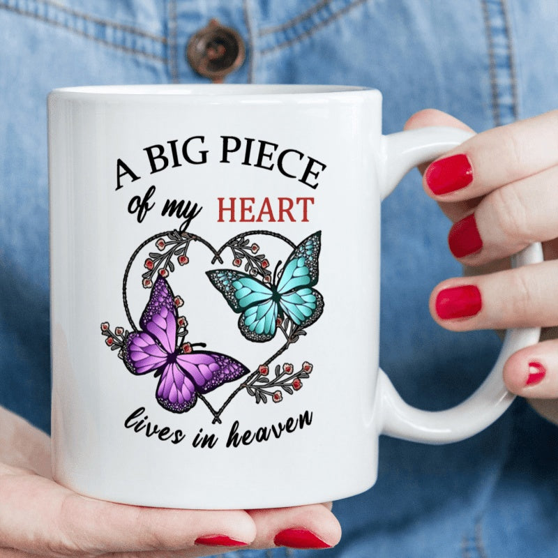 Tailorly White Ceramic 11 oz Mug - A Big Piece Of My Heart Lives In Heaven Graceful Purple And Blue Wings Resting Inside Floral Heart Shape Butterfly