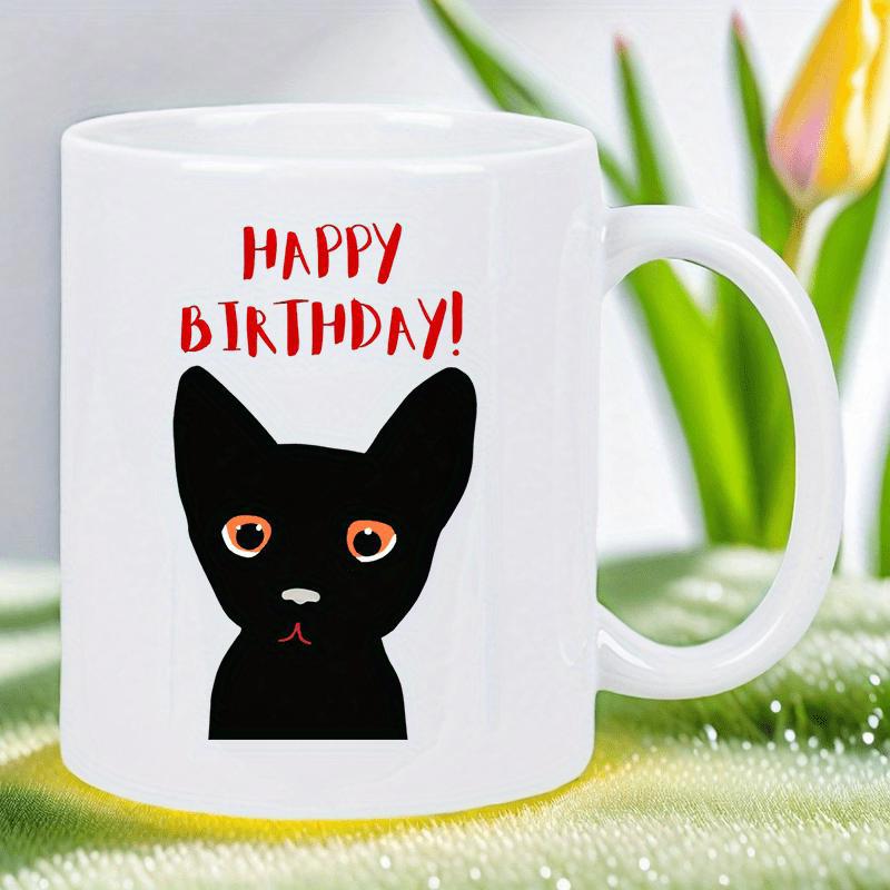 Tailorly White Ceramic 11 oz Mug - Happy Birthday Minimalist Black Feline With Large Ears And Vibrant Orange Eyes Cat
