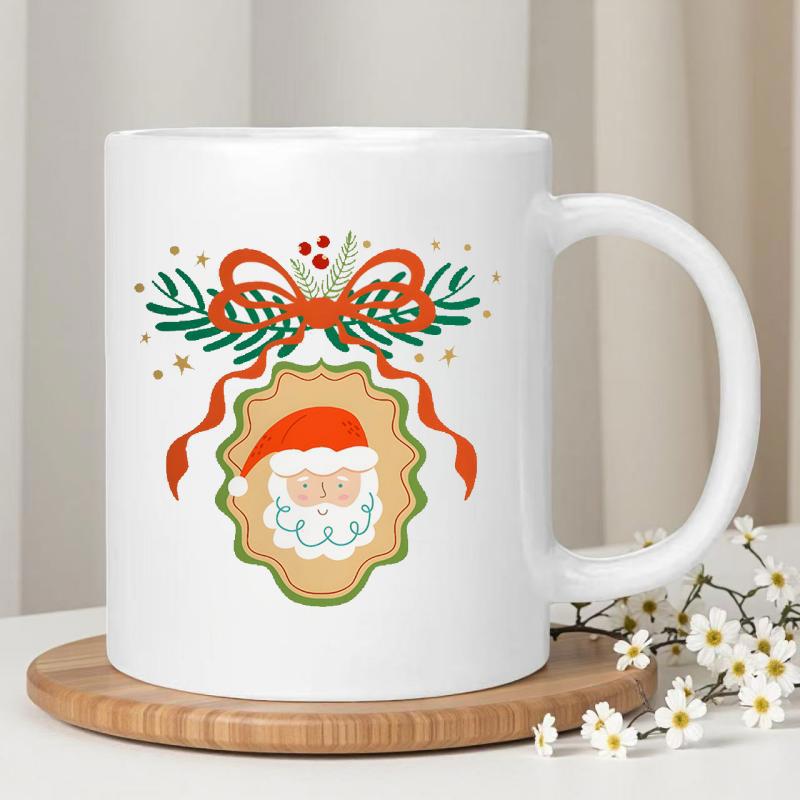 Tailorly White Ceramic 11 oz Mug - Classic Festive Ribbon With Pine Branches And Golden Twinkling Stars Santa Claus