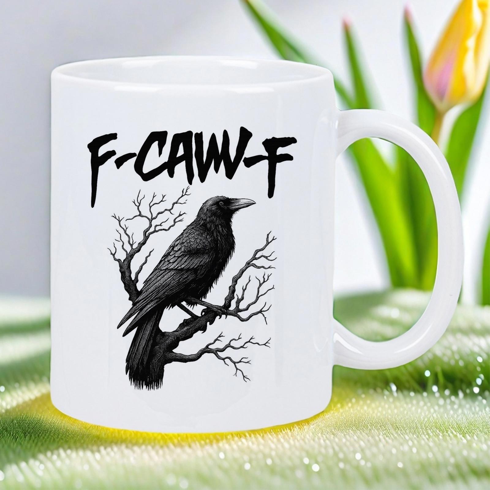 Tailorly White Ceramic 11 oz Mug - F CAW F Dark Raven Perched On Withered Branches Under A Gloomy Sky Crow