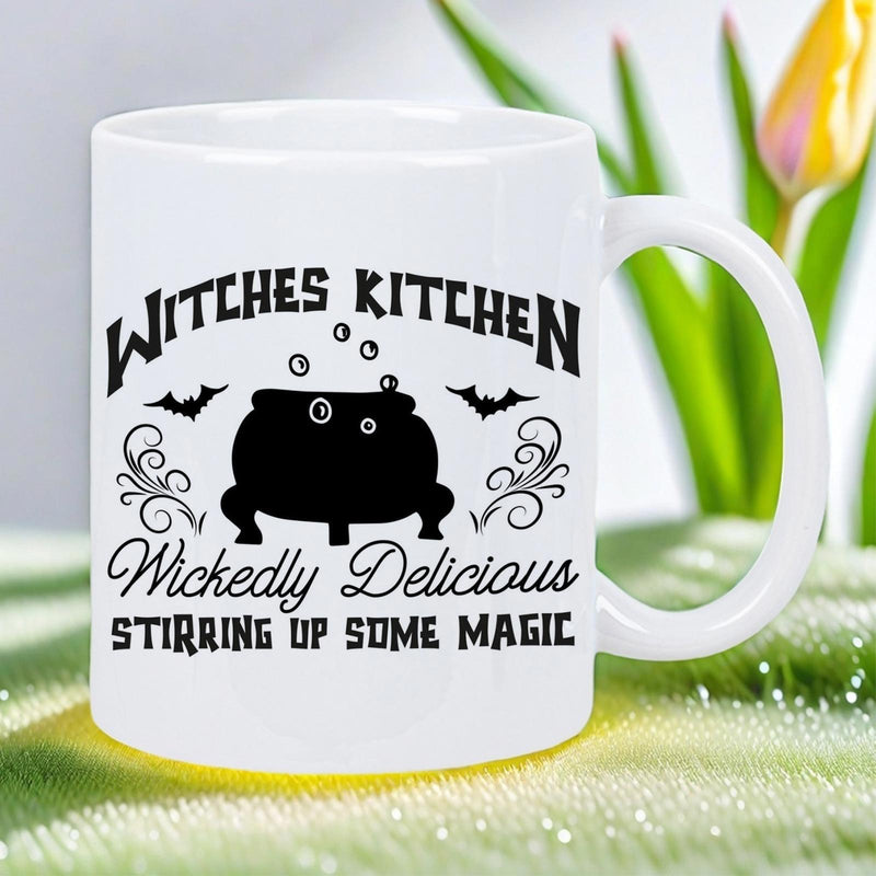 Tailorly White Ceramic 11 oz Mug - Witches Kitchen Wickedly Delicious Stirring Up Some Magic Black Cauldron With Bubbles And Bats Flying Under Flourish Accents