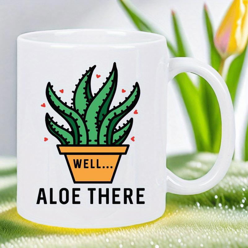 Tailorly White Ceramic 11 oz Mug - Well Aloe There Vibrant Green Cartoon Potted Plant With Floating Pink Hearts Aloe