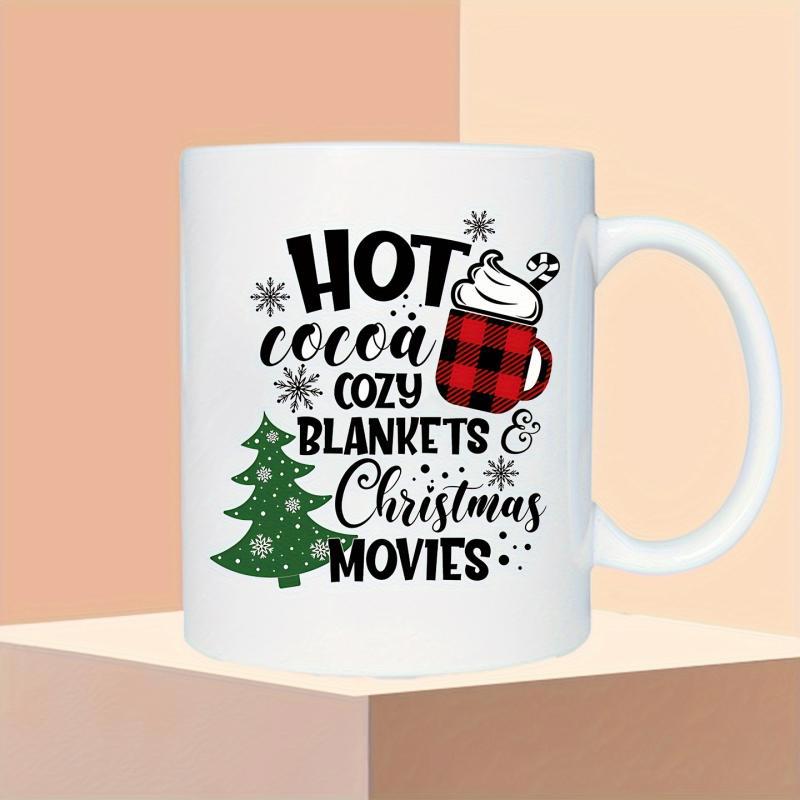 Tailorly White Ceramic 11 oz Mug - Hot Cocoa Cozy Blankets Christmas Movies Festive Evergreen Tree And Red Plaid Mug With Sweet Whipped Cream Mug
