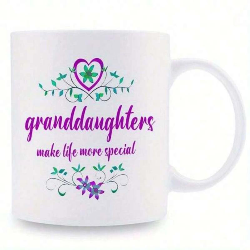 Tailorly White Ceramic 11 oz Mug - Granddaughters Make Life More Special Delicate Purple Heart Surrounded By Green Vines And Floral Blossom Heart