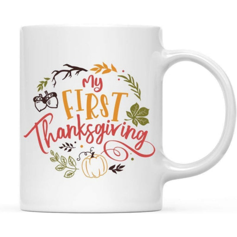 Tailorly White Ceramic 11 oz Mug - My First Thanksgiving Seasonal Autumn Wreath With Colorful Leaves Acorns And Small Pumpkin