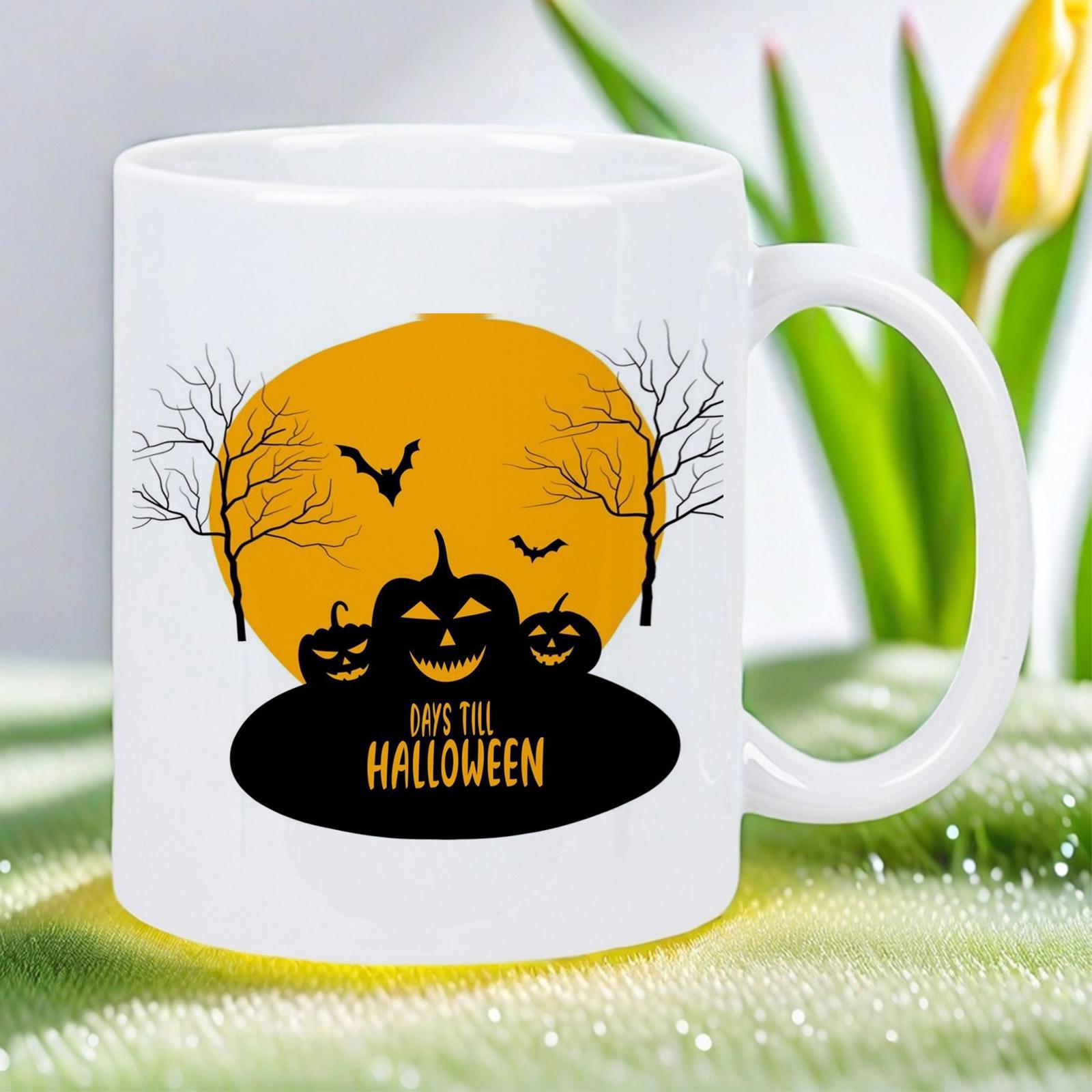 Tailorly White Ceramic 11 oz Mug - Days Till Halloween Spooky Night With Carved Pumpkins And Bats Under Large Golden Moon Pumpkin