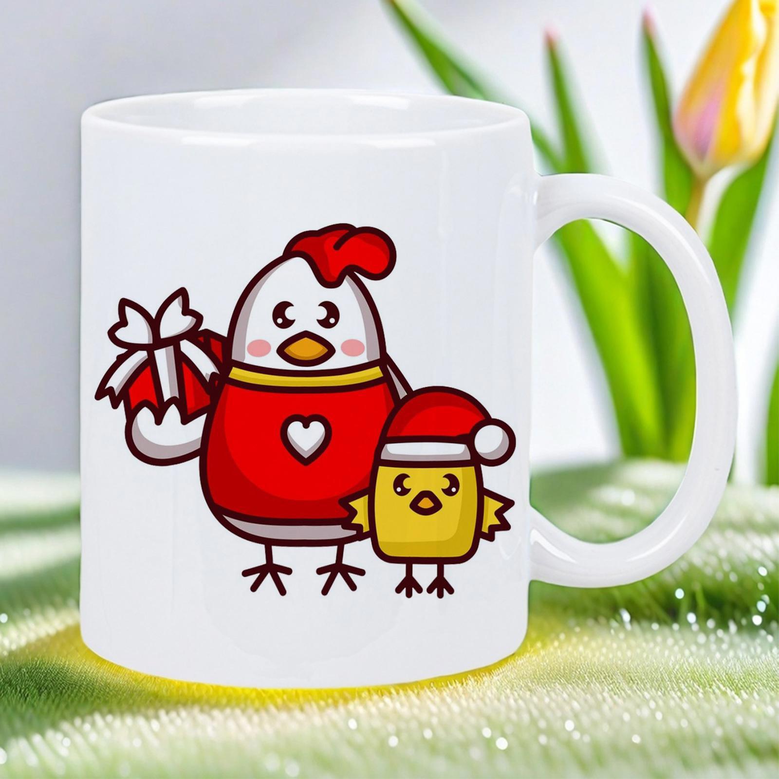 Tailorly White Ceramic 11 oz Mug - Adorable Cartoon Characters With Festive Holiday Accessories Celebrating Under Soft Natural Light Chicken