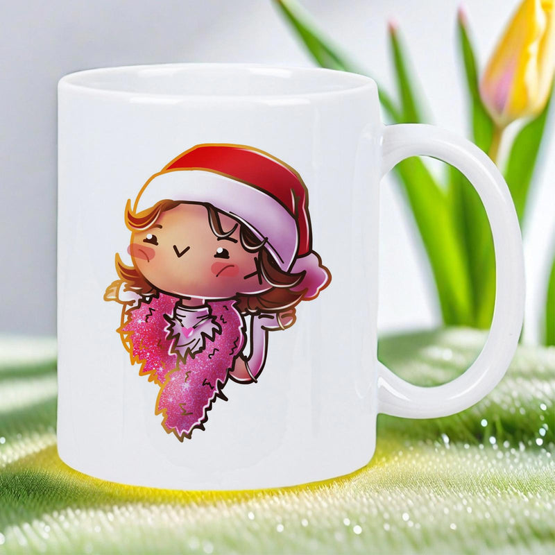 Tailorly White Ceramic 11 oz Mug - Festive Cute Girl Wearing Red Santa Hat Holding Fuzzy Pink Heart Character