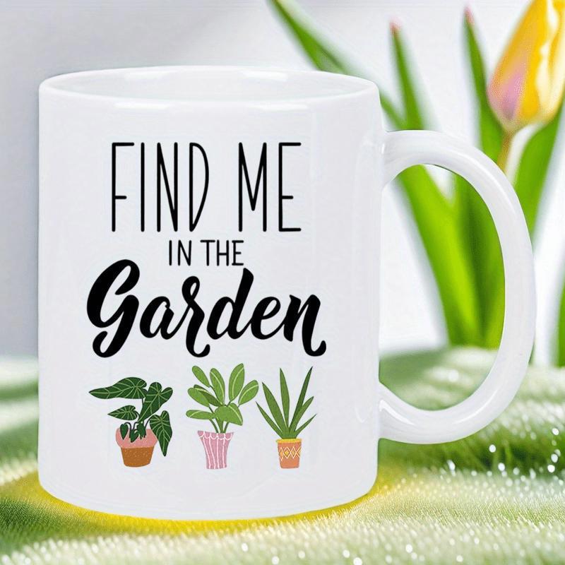 Tailorly White Ceramic 11 oz Mug - Find Me In The Garden Three Potted Houseplants Growing Peacefully Within Small Colorful Decorative Containers Houseplant