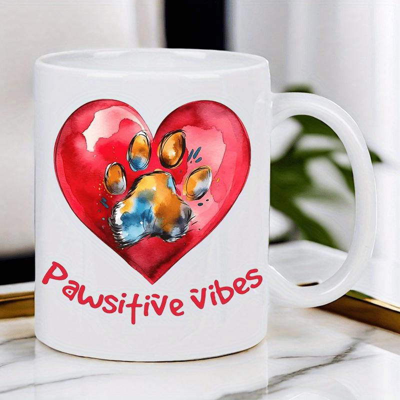 Tailorly White Ceramic 11 oz Mug - Pawsitive Vibes Vibrant Watercolor Red Background Featuring Colorful Artistic Animal Paw Heart