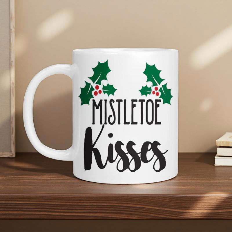 Tailorly White Ceramic 11 oz Mug - Mistletoe Kisses Festive Green Leaves With Bright Red Berries Arranged In Seasonal Design Holly