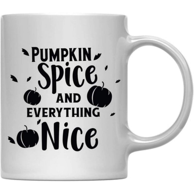 Tailorly White Ceramic 11 oz Mug - Pumpkin Spice And Everything Nice Rustic Autumn Harvest Theme With Small Silhouetted Leaves And Seasonal Pumpkin