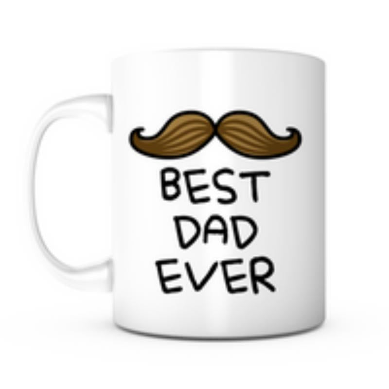 Tailorly White Ceramic 11 oz Mug - Best Dad Ever Brown Curled Handlebar Mustache Positioned Above Playful Handwritten Stylized Typography Mug