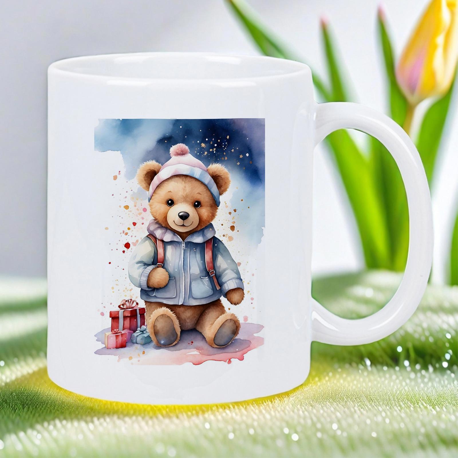 Tailorly White Ceramic 11 oz Mug - Adorable Little Teddy Wearing Winter Clothes And Hat Sitting In Snow Bear