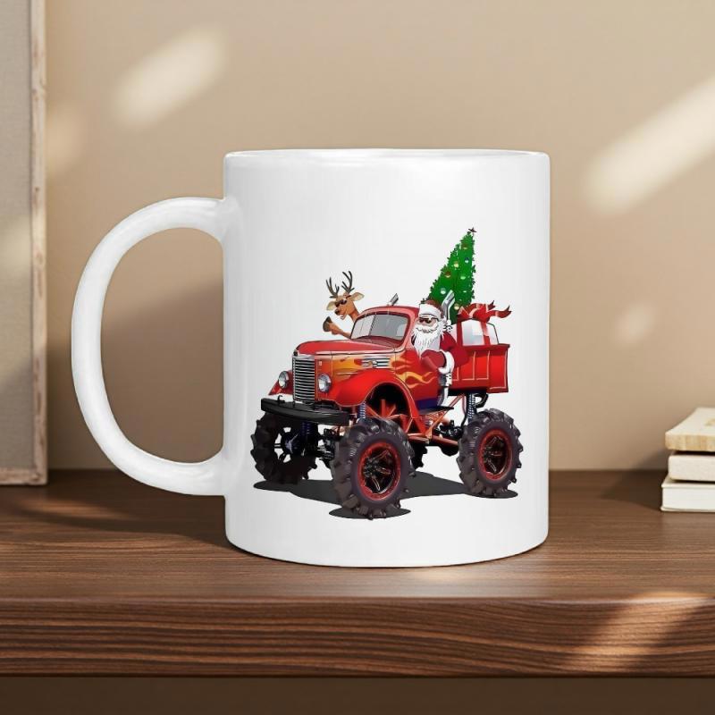 Tailorly White Ceramic 11 oz Mug - Festive Santa Claus Driving A Red Powerful Monster Truck With Tree Truck