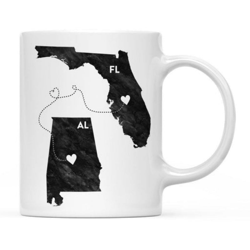 Tailorly White Ceramic 11 oz Mug - FL AL Black Textured State Silhouettes Connected By Heart Dotted Paths Long Distance Map