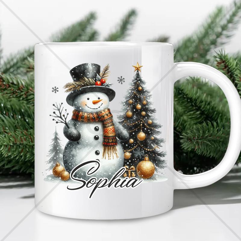 Tailorly White Ceramic 11 oz Mug - Sophia Jolly Winter Snowman Beside Decorated Golden Festive Christmas Tree Snowman