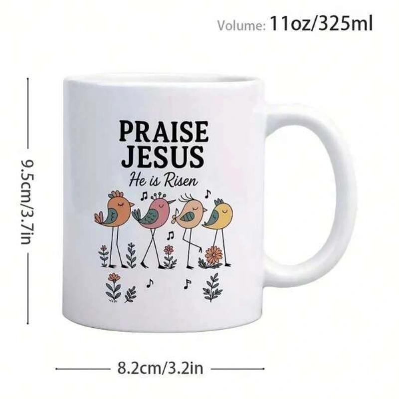 Tailorly White Ceramic 11 oz Mug - Praise Jesus He Is Risen Four Colorful Whimsical Singing Songbirds Among Musical Notes And Garden Flowers Bird