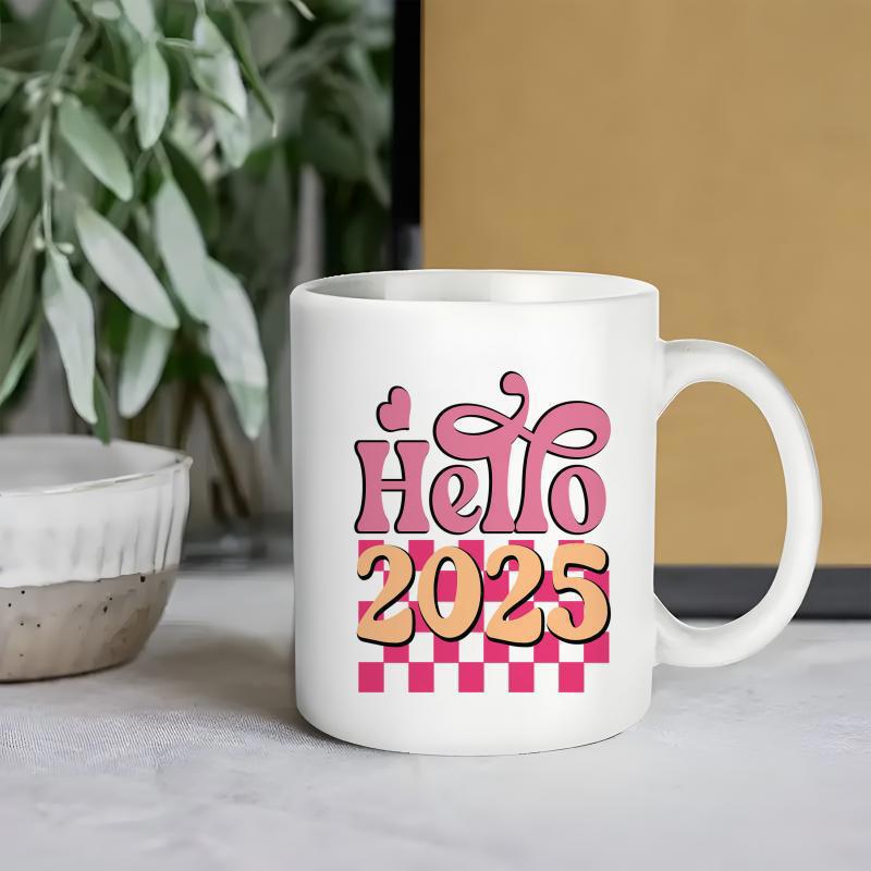 Tailorly White Ceramic 11 oz Mug - Hello 2025 Retro Pink Bubbly Letters Featuring A Small Heart And Checkered Pattern Mug