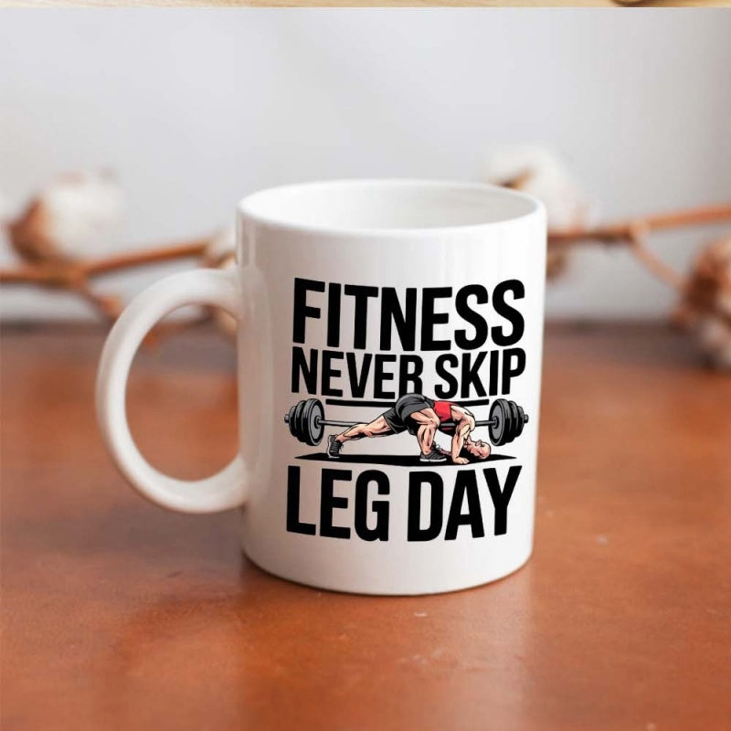 Tailorly White Ceramic 11 oz Mug - Fitness Never Skip Leg Day Strong Athlete Lifting Heavy Barbell With Determination In Intense Training Workout Weightlifter