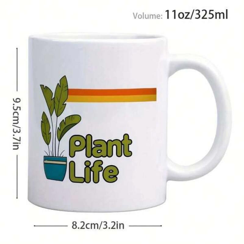 Tailorly White Ceramic 11 oz Mug - Plant Life Retro Striped Background With Potted Green Houseplant Leaves And Botanical Elements Plant