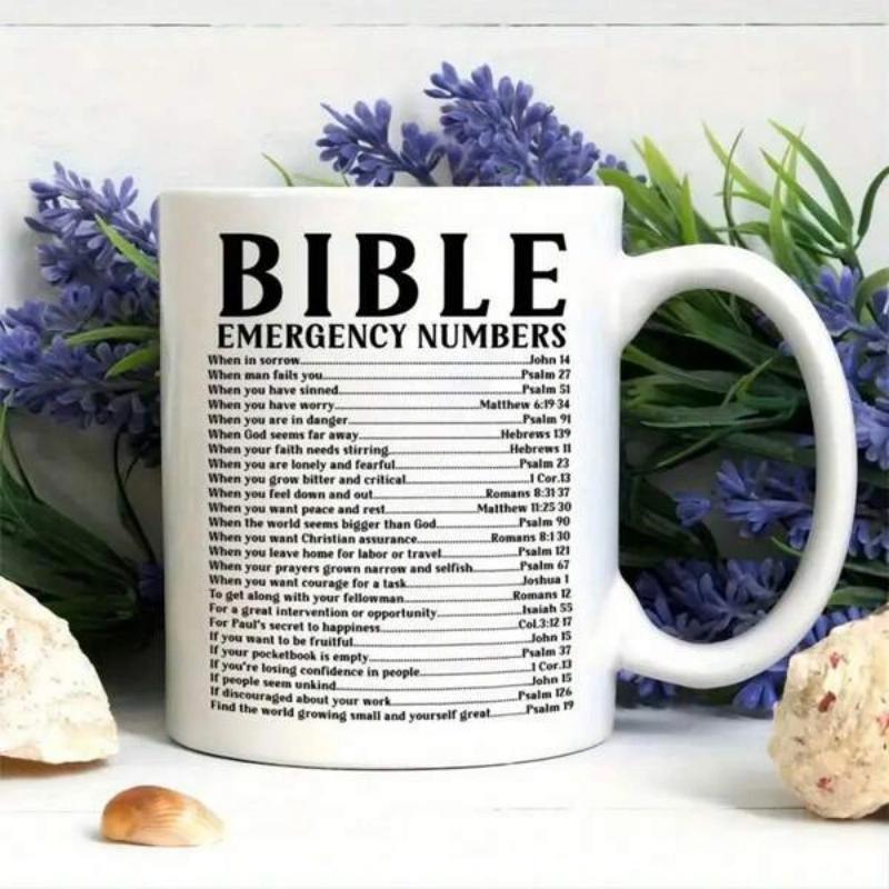 Tailorly White Ceramic 11 oz Mug - Bible Emergency Numbers Classic White Ceramic Vessel Featuring List Of Inspirational Holy Scripture Verses Mug