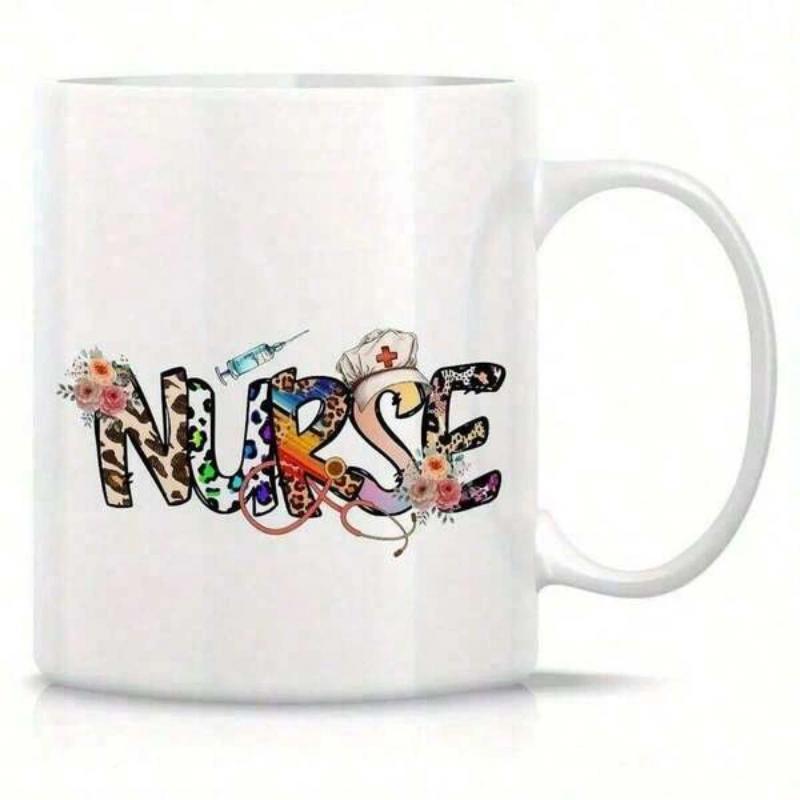 Tailorly White Ceramic 11 oz Mug - Nurse Vibrant Leopard Print Letters Decorated With Flowers And Medical Accessories Nurse
