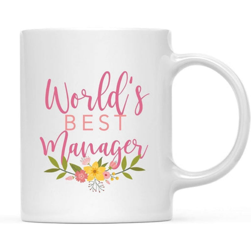Tailorly White Ceramic 11 oz Mug - Worlds Best Manager Elegant Pink Script Above Colorful Blooming Garden Meadow Flower