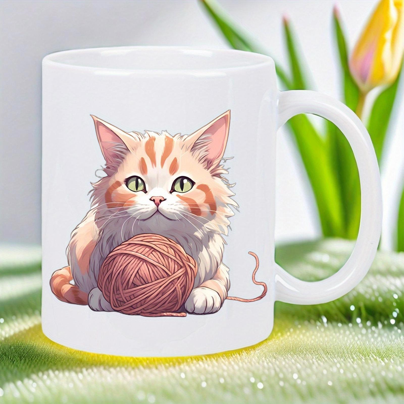 Tailorly White Ceramic 11 oz Mug - Cute Orange Tabby Kitten Resting Comfortably Behind A Pink Yarn Ball Cat