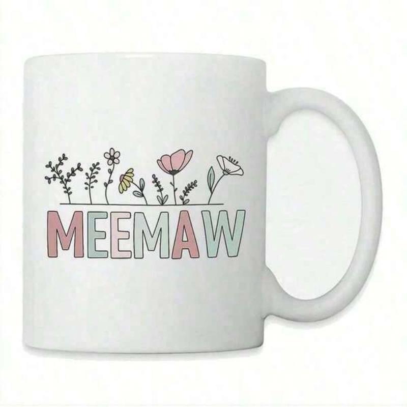 Tailorly White Ceramic 11 oz Mug - Meemaw Colorful Wildflowers Blooming Gracefully Over Delicate Artistic Hand Drawn Flower