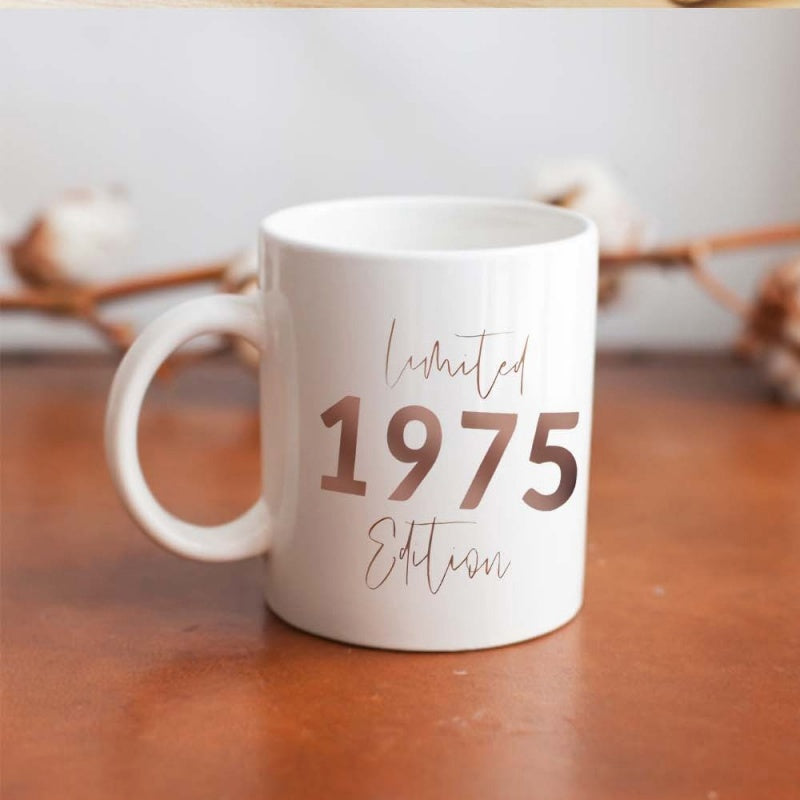 Tailorly White Ceramic 11 oz Mug - Limited 1975 Edition White Ceramic Material With Rose Gold Metallic Textured Numeric Lettering Mug
