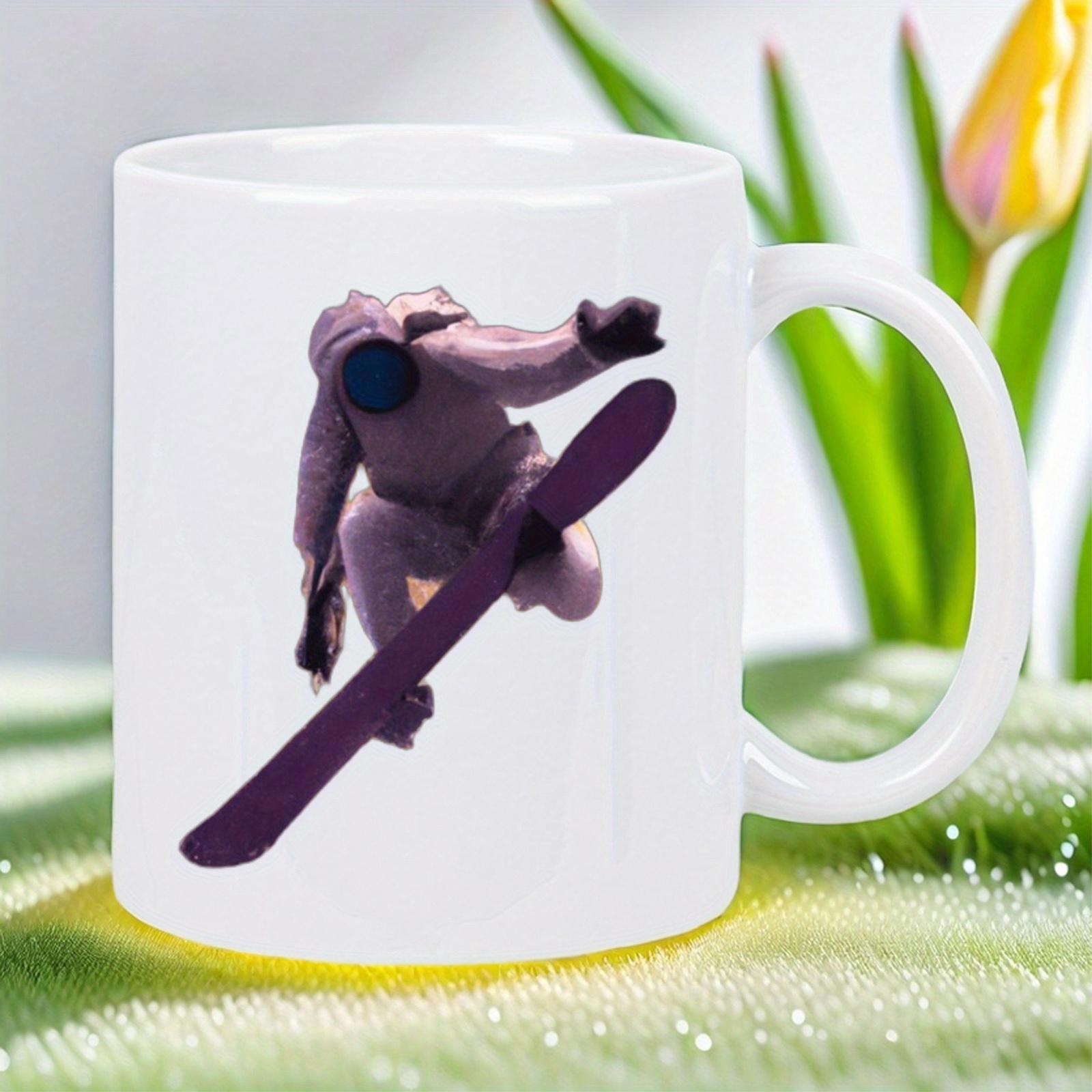 Tailorly White Ceramic 11 oz Mug - Adventurous Purple Suited Space Traveler Jumping Over Snow With Long Astronaut