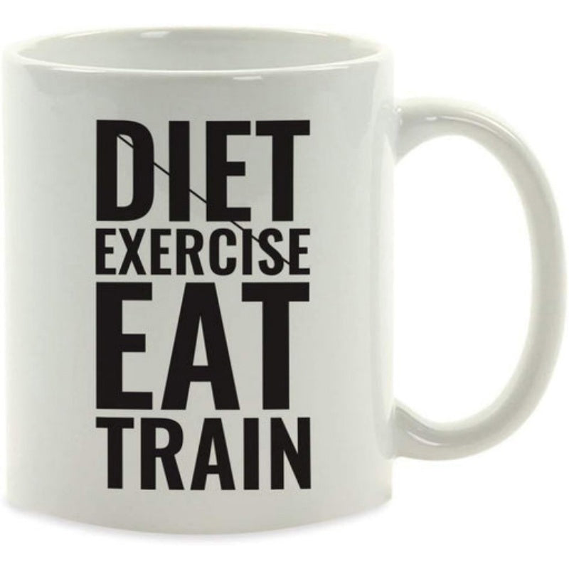 Tailorly White Ceramic 11 oz Mug - Diet Exercise Eat Train Bold Black Typography Stacked In Vertical Rows With Minimalist Strike Through Design Sign
