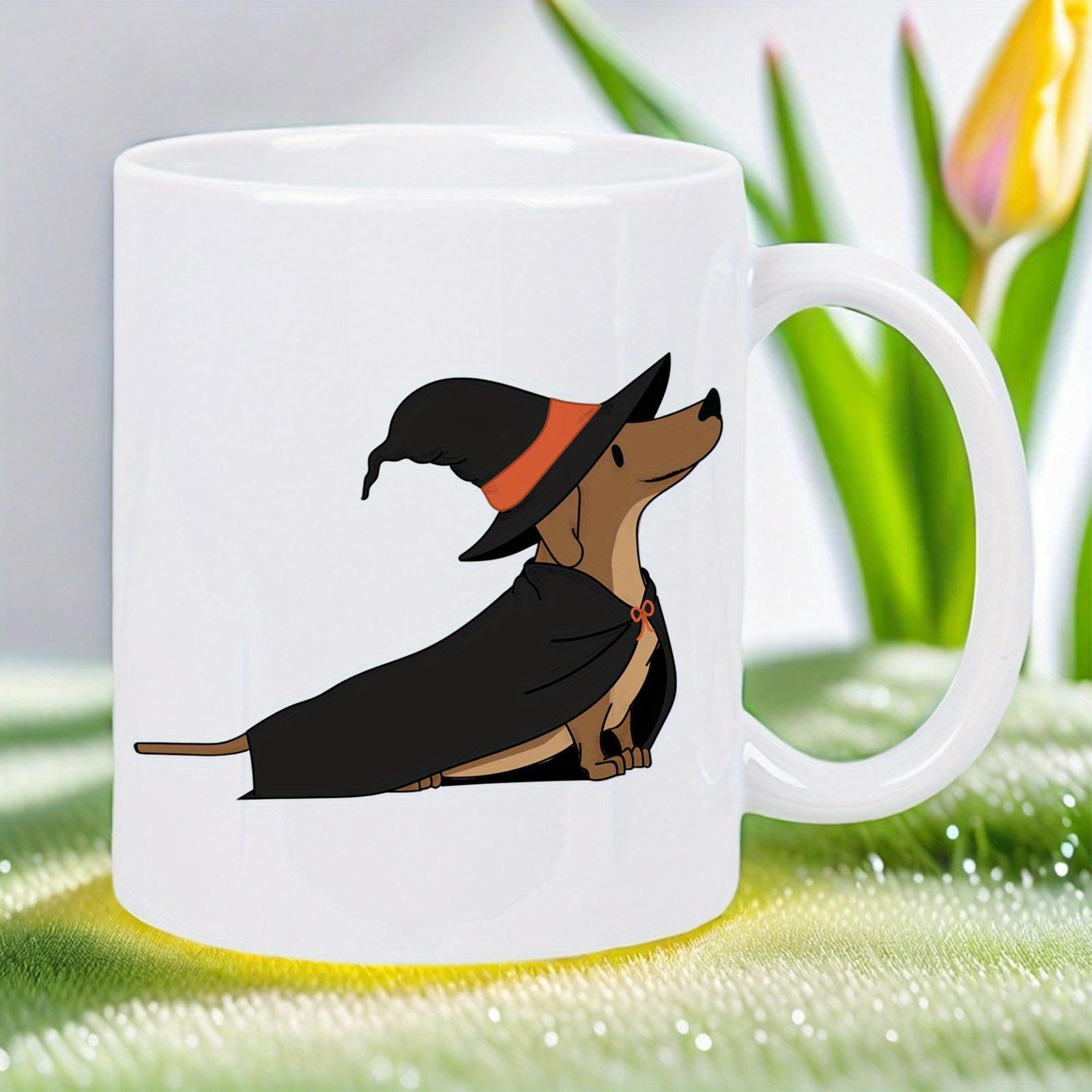 Tailorly White Ceramic 11 oz Mug - Adorable Brown Dachshund Wearing A Black Witch Hat And Cape Dachshund