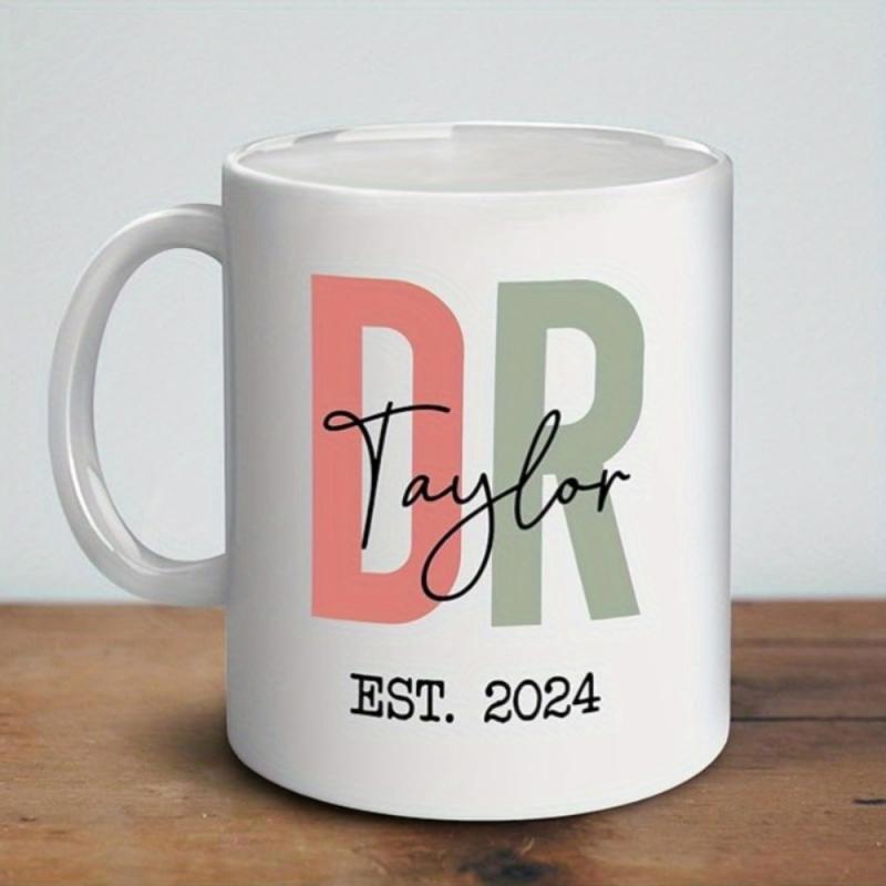 Tailorly White Ceramic 11 oz Mug - DR Taylor EST 2024 Minimalist Large Block Initials With Black Modern Cursive Script Design