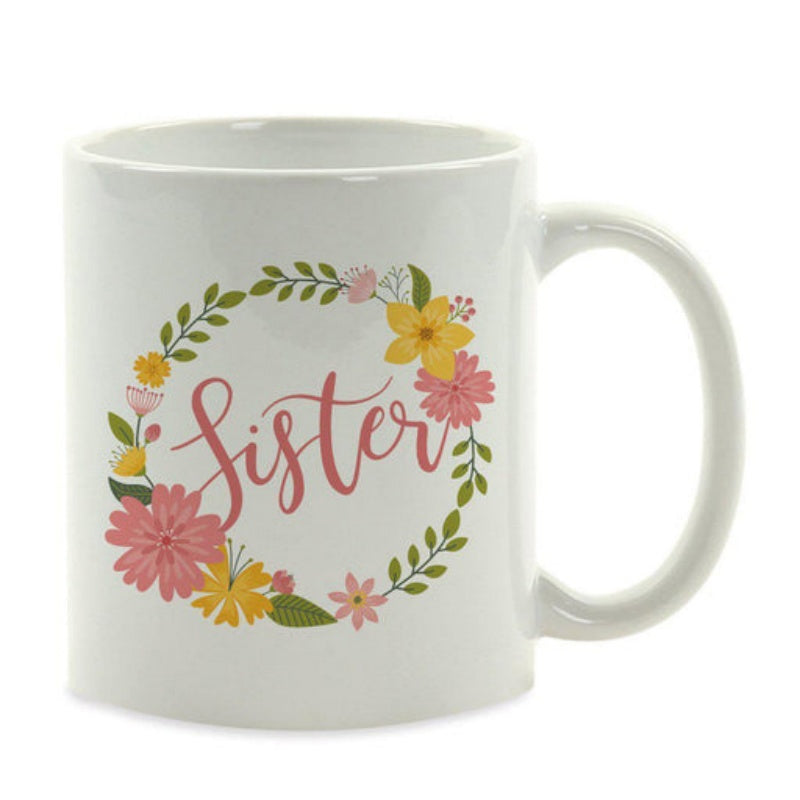 Tailorly White Ceramic 11 oz Mug - Sister Colorful Blossoms Arranged In A Circular Pattern Among Green Foliage Wreath