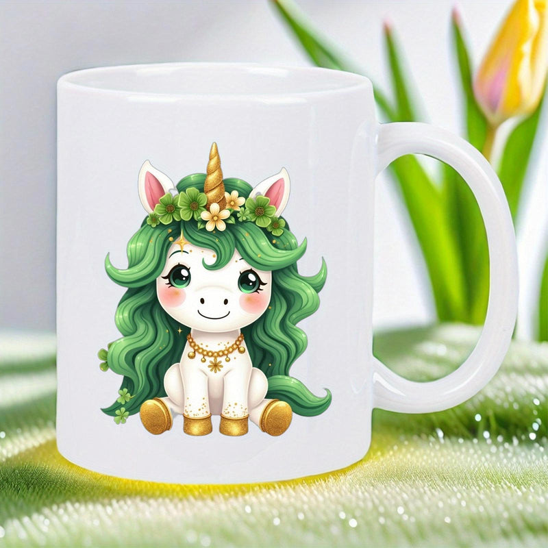 Tailorly White Ceramic 11 oz Mug - Adorable Green Hair Creature With Golden Horn And Flower Crown Unicorn