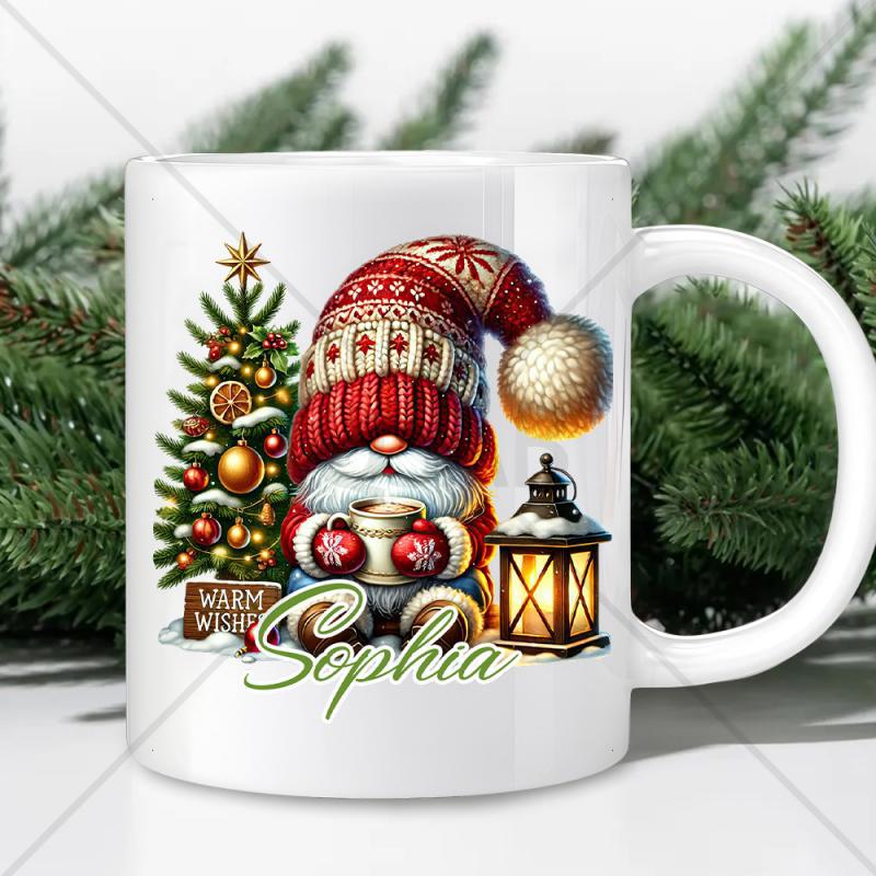 Tailorly White Ceramic 11 oz Mug - Warm Wishes Sophia Cute Festive Character Wearing Red Knitted Hat Beside A Decorated Winter Gnome