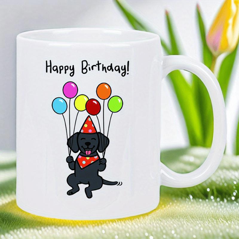 Tailorly White Ceramic 11 oz Mug - Happy Birthday Festive Black Puppy Wearing Party Hat While Holding Many Colorful Balloons Dog