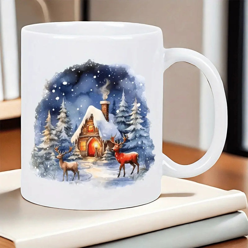 Tailorly White Ceramic 11 oz Mug - Cozy Snowy Forest Scene With Reindeer Standing Near A Glowing Cabin