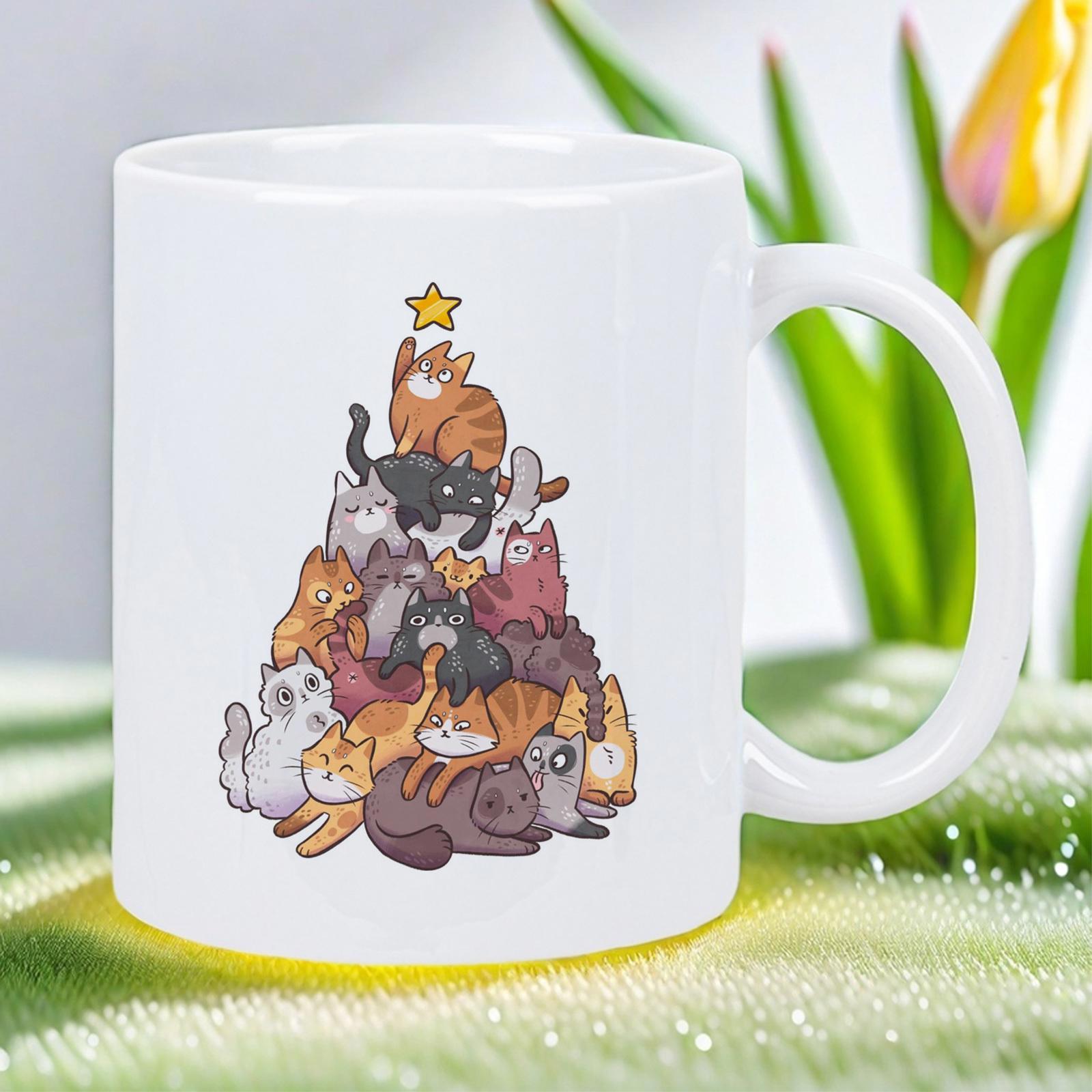 Tailorly White Ceramic 11 oz Mug - Festive Holiday Tree Arrangement With Various Adorable Sleeping Colorful Cartoon Pet Kittens