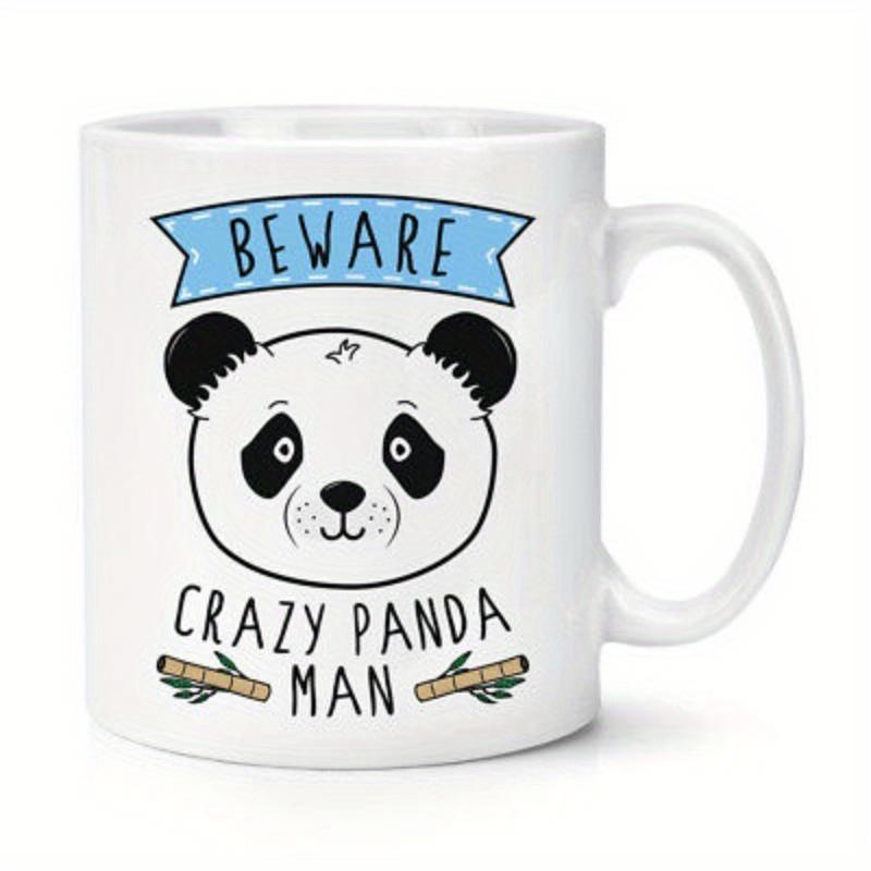 Tailorly White Ceramic 11 oz Mug - Beware Crazy Panda Man Cute Cartoon Illustration Featuring Blue Ribbon Banner And Bamboo Panda