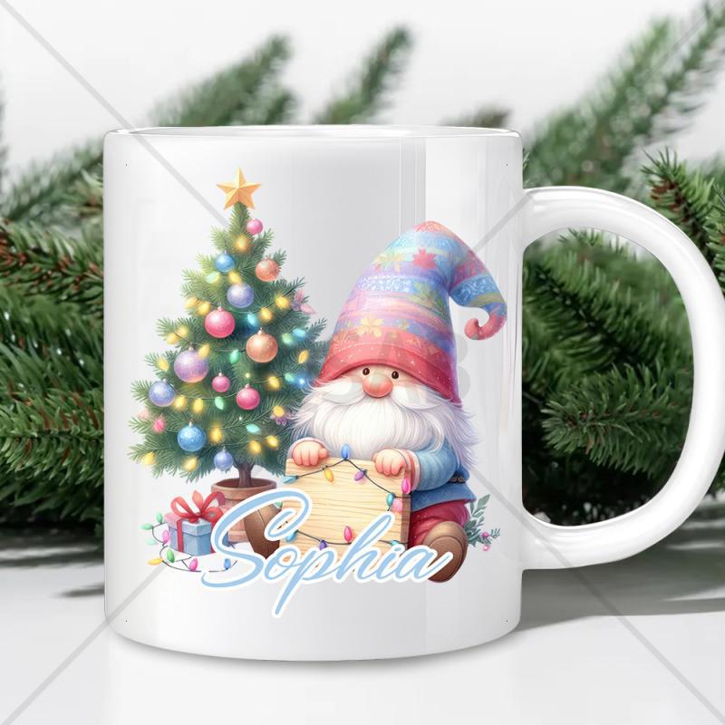 Tailorly White Ceramic 11 oz Mug - Sophia Festive Holiday Scene With Decorated Tree And Cute Sitting Gnome