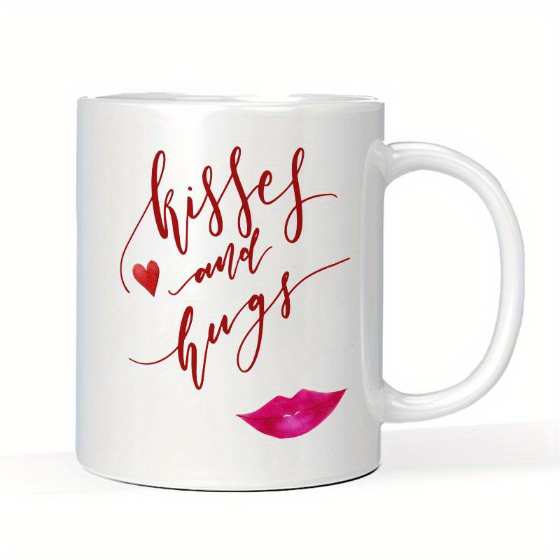 Tailorly White Ceramic 11 oz Mug - Kisses And Hugs Romantic Pink Lips Accompanied By A Small Red Watercolor Heart