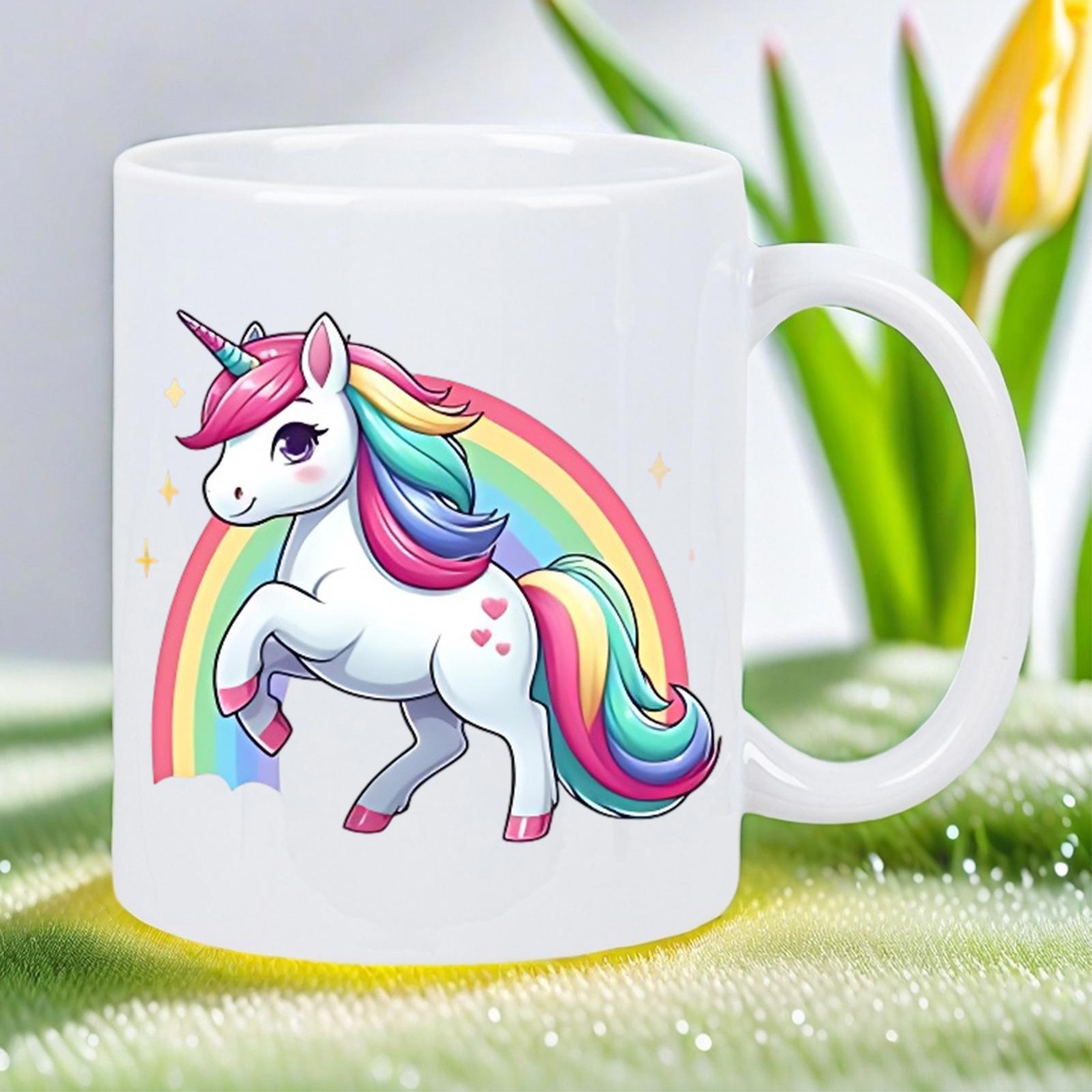 Tailorly White Ceramic 11 oz Mug - Magical White Creature Standing Among Vibrant Colorful Rainbow And Sparkling Stars Unicorn