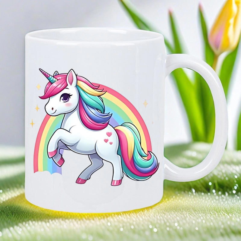 Tailorly White Ceramic 11 oz Mug - Magical White Creature Standing Among Vibrant Colorful Rainbow And Sparkling Stars Unicorn