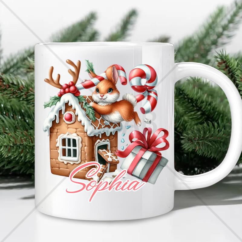 Tailorly White Ceramic 11 oz Mug - Sophia Festive Christmas Rabbit Sitting Among Snow And Decorated Winter Gingerbread House